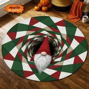 Christmas Gnome Round Rug 3D Gift Illusion Mat Holiday Winter Carpet Festive Santa Gnome Floor Rug Xmas Home Decor Round Rug