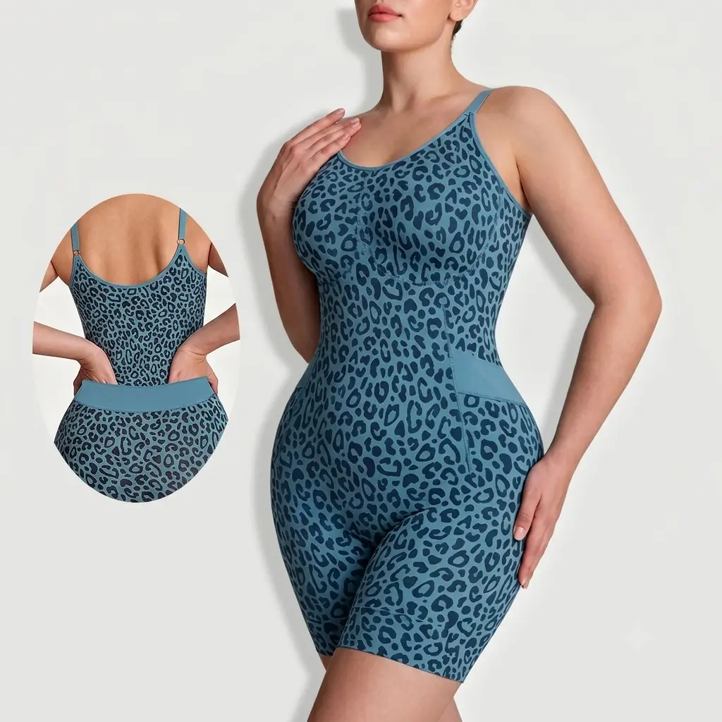 ChicCurve Women's Leopard Print Cami Shapewear Bodysuit, Convenient Open Back Drop Seat Easy Bathroom Access Body Shaper, Tummy Control Mid-Thigh Butt Lifting Workout Jumpsuit Shorts