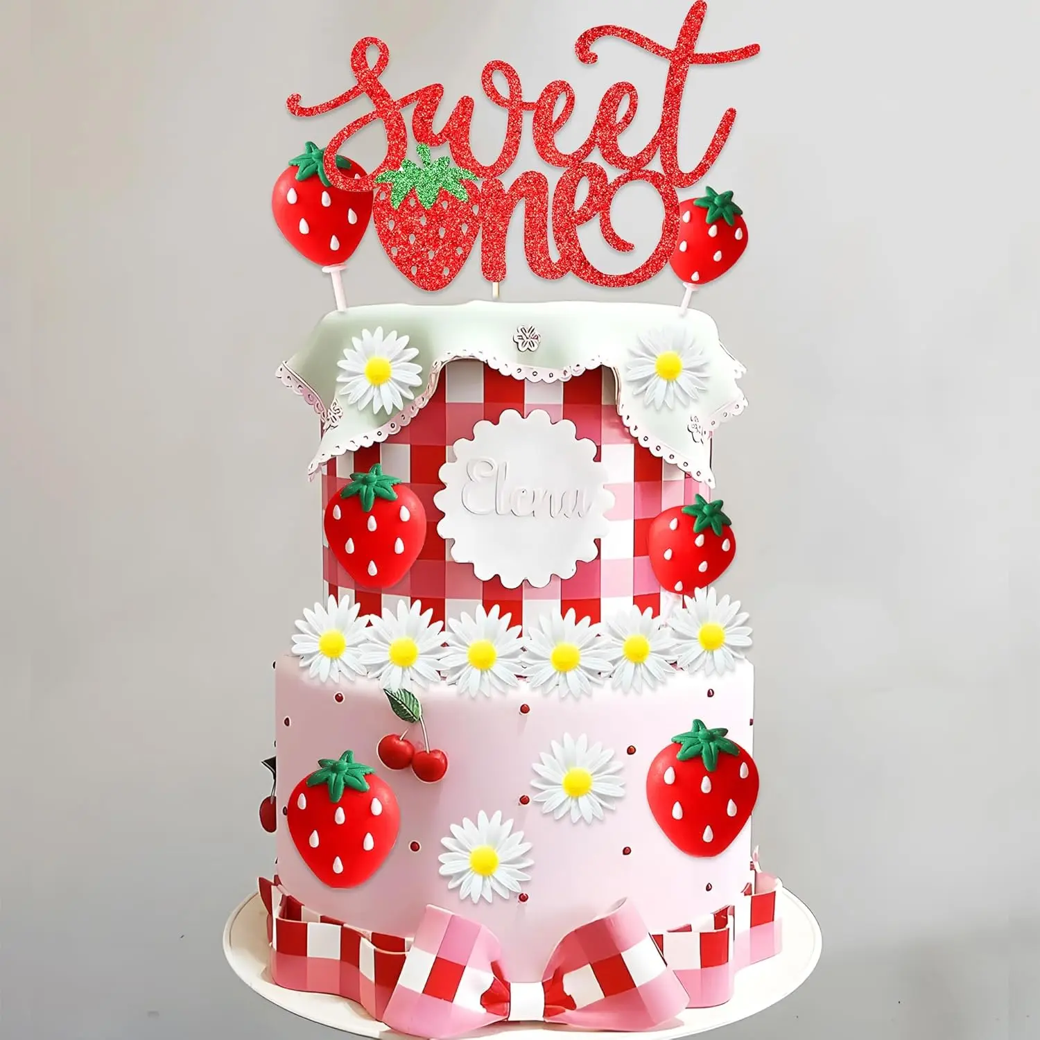 Strawberry Cupcake Toppers - Daisy Flower Themed Baking Ornaments, 1st Birthday Cake Decorations, Happy Birthday Party Supplies for Sweet Berry Celebrations
