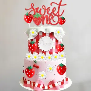 LaVenty Sweet One Strawberry Cupcake Toppers Sweet Berry 1st Birthday Decoration Berry 1st Birthday Cake Topper Dasiy Flower Theme Strawberry Birthday Party Supplies outdoorfun