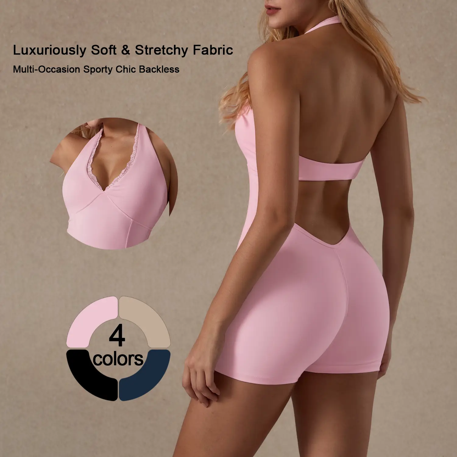 TimeOFF Soft Stretchy Backless Halter Activewear with Lace Trim – Perfect for Gym Training, Yoga & Athleisure, Comfortable Fit for Active/Casual Wear