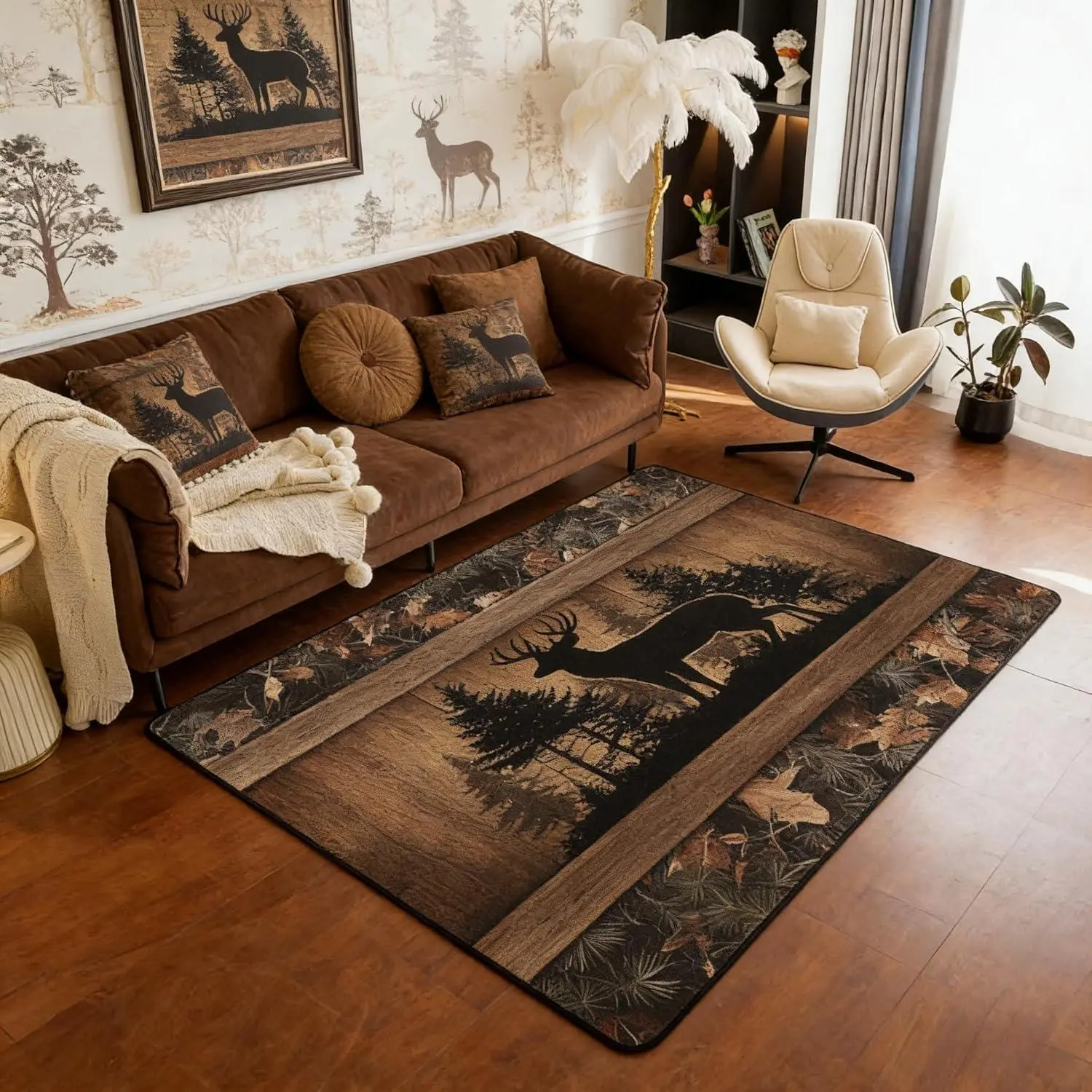 Farmhouse Deer Area Rug for Living Room Camo Woodland Hunting Rugs for Bedroom Rustic Cabin Carpet Non Slip Wildlife Animal Print Indoor Floor Mat Country Decor