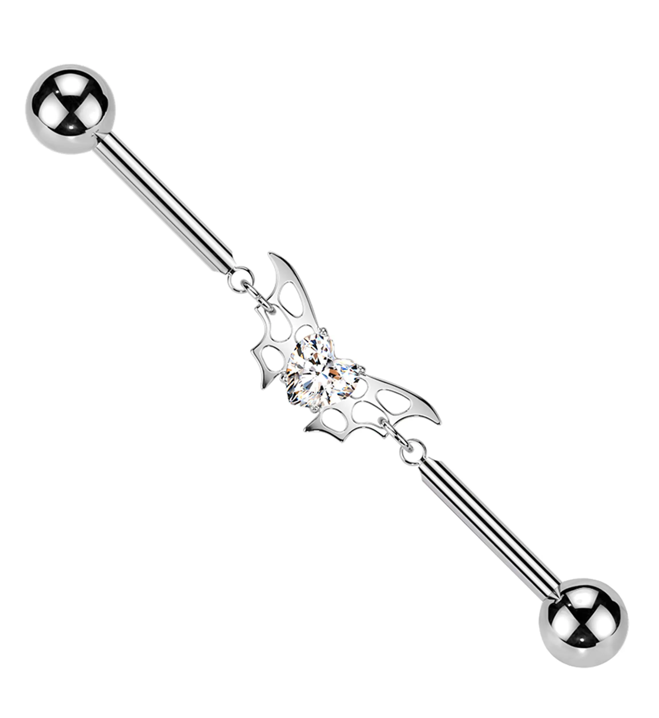 Bat Wing Heart Clear CZ Internally Threaded Titanium Industrial Barbell