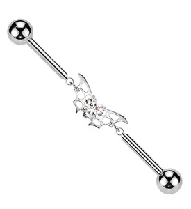 Bat Wing Heart Clear CZ Internally Threaded Titanium Industrial Barbell
