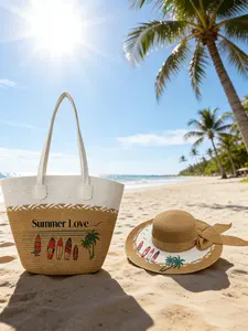 2pcs Women's Straw Weaving Set with Fashionable Printed Straw Weaving Shoulder Bag and Comes with Straw Hat Suitable for Daily Commuting, Beach Vacation, Women's Essential Item