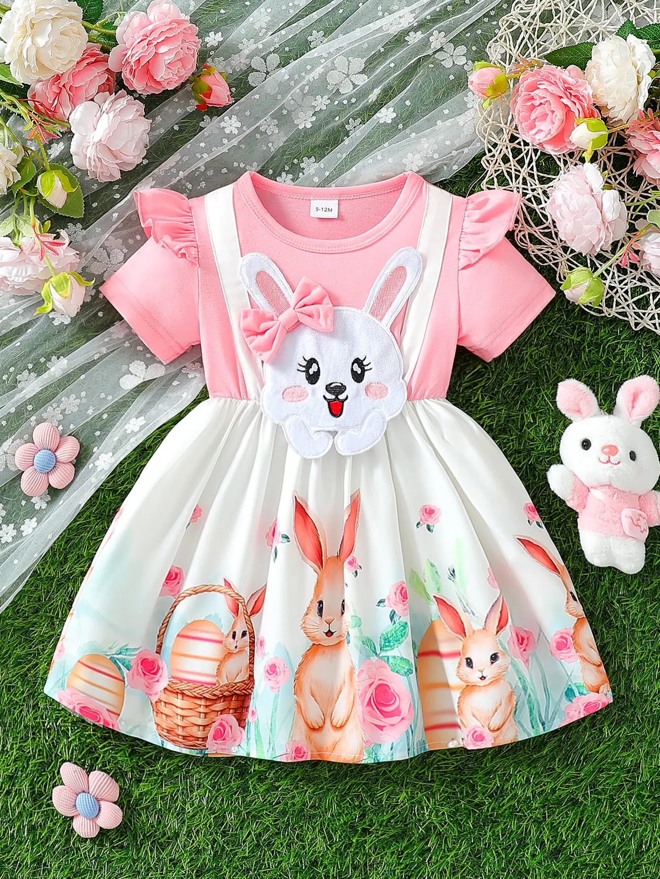 Baby girl summer cute style rabbit and flower pattern short sleeved ruffle sleeves+rabbit three-dimensional decoration+pink bow short sleeved dress Easter/daily occasions baby clothes