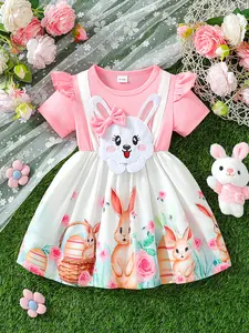 Baby girl summer cute style rabbit and flower pattern short sleeved ruffle sleeves+rabbit three-dimensional decoration+pink bow short sleeved dress Easter/daily occasions baby clothes