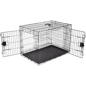 Portable metal wire dog crate with removable tray, double doors, divider, and handles, dimensions 36 inches x 23 inches x 25 inches, black
