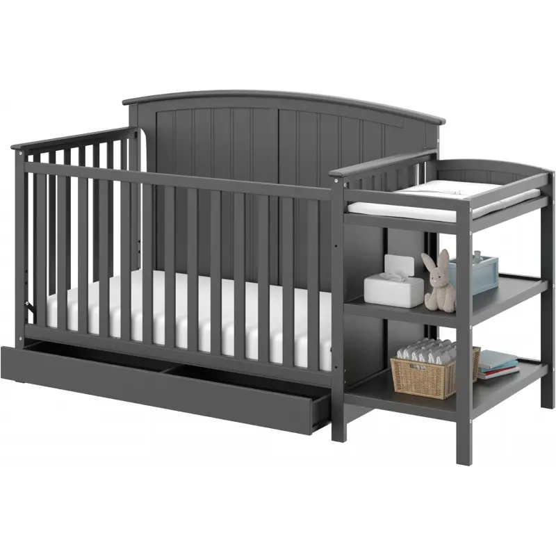 5-in-1 Pine Wood Convertible Crib and Changer Combo with Drawer (Gray) - Adjustable Size, Converts to Toddler Bed, Daybed, Full-Size Bed