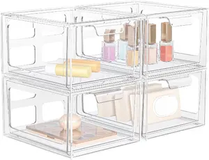 4 Pack Stackable Storage Clear Acrylic Drawer organizer,with Handles, for Bathroom,Kitchen，Under-sink,Cabinet,Closet,Makeup,Pantry Boxes Plastic