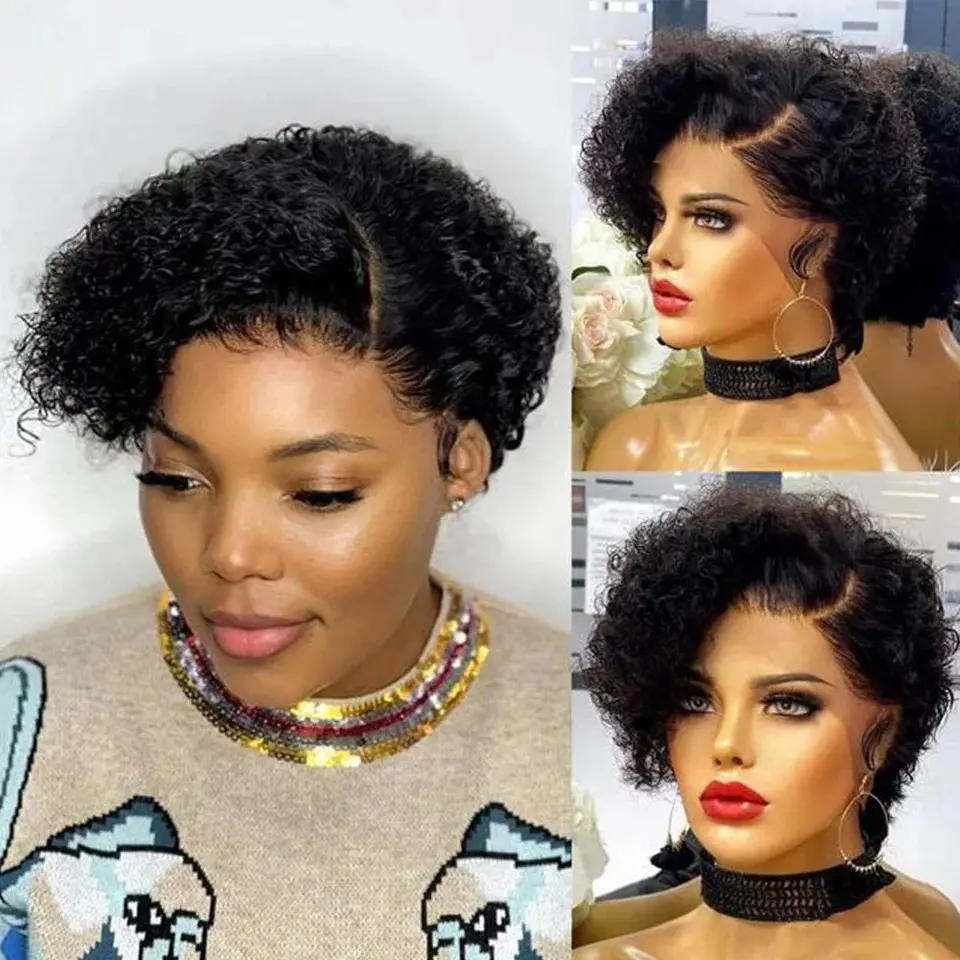 Pixie Cut Wig Transparent Lace Front Human Hair Wig Short Kinky Curly Bob Wigs Brazilian Water Wave Human Hair Wigs For Women