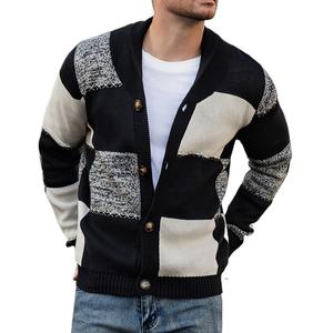 HYPESTFIT Men's Casual Color Block Cardigan Sweater Black, White, Gray Plaid Button Up Cardigan with Lapel Collar, Long Sleeve, Regular Fit for Fall/Winter, Casual Attire & Weekend Outings, Cardigan Sweater, Winter Layering, Classic Knitwear