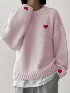 Women's Winter New Fashion Sweater, Embroidered Heart Knitwear, Elegant Casual Woolen Pullover, Loose Long Sleeve Top, Embroidery