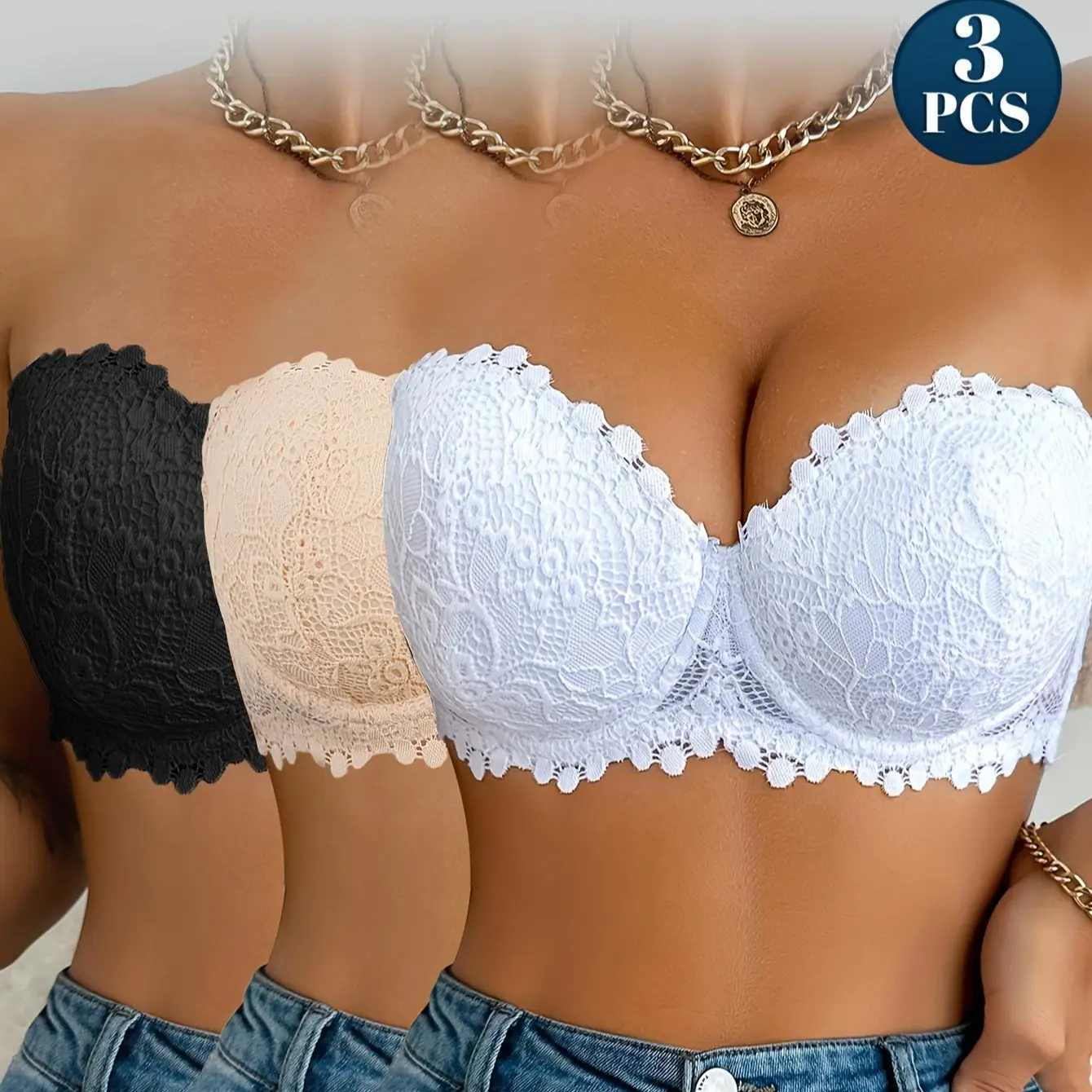 【DealsForYouDays】Mimilemon 3PCS strapless bra Half-Cup Lace Lingerie Set - Elegant Steel Band bra  with Adjustable Straps for Customized Fit - Chic & Comfortable Essential Everyday Everyday Womenswear Womenswear Elegance Style SummerWins