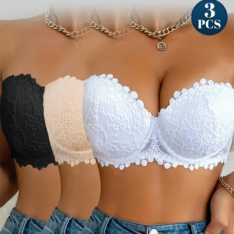 【DealsForYouDays】Women's Mimilemon 3PCS Strapless Half-Cup Lace Lingerie Set - Elegant Steel Band Bra with Adjustable Straps, Customized Fit Underwear, Lady's Fantasy Style Basics for Halloween, Christmas, Boasting Elegance