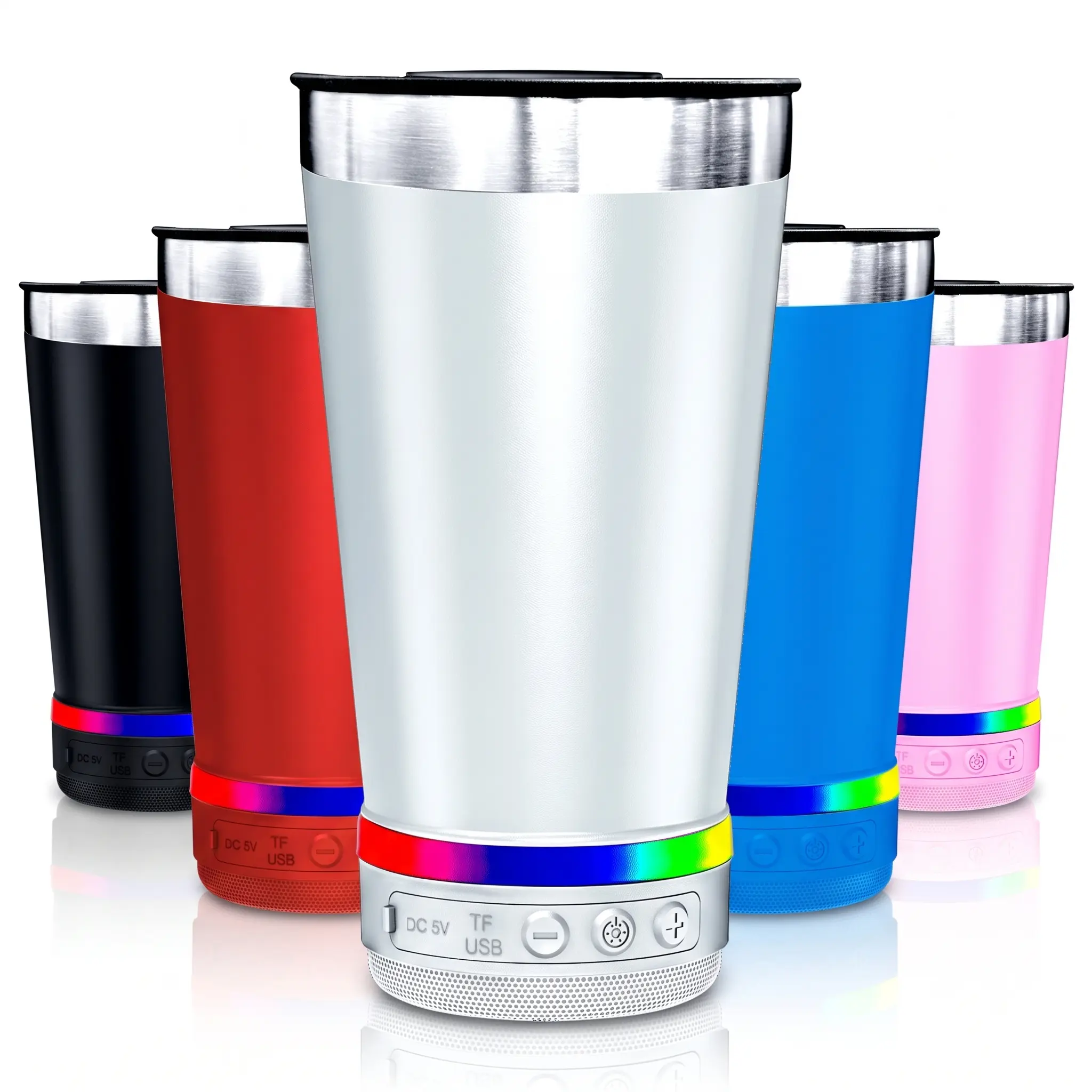 16oz Stainless Steel 2-in-1 Dual Utility Bluetooth Insulated Travel Cup Tumbler Speaker - TWS Dual Speaker, Stereo Audio, RGB Light Show, USB/SD/FM Radio, Batteries Built-in Daily Carry Tumbler for Garage, Office Desk,techvibes