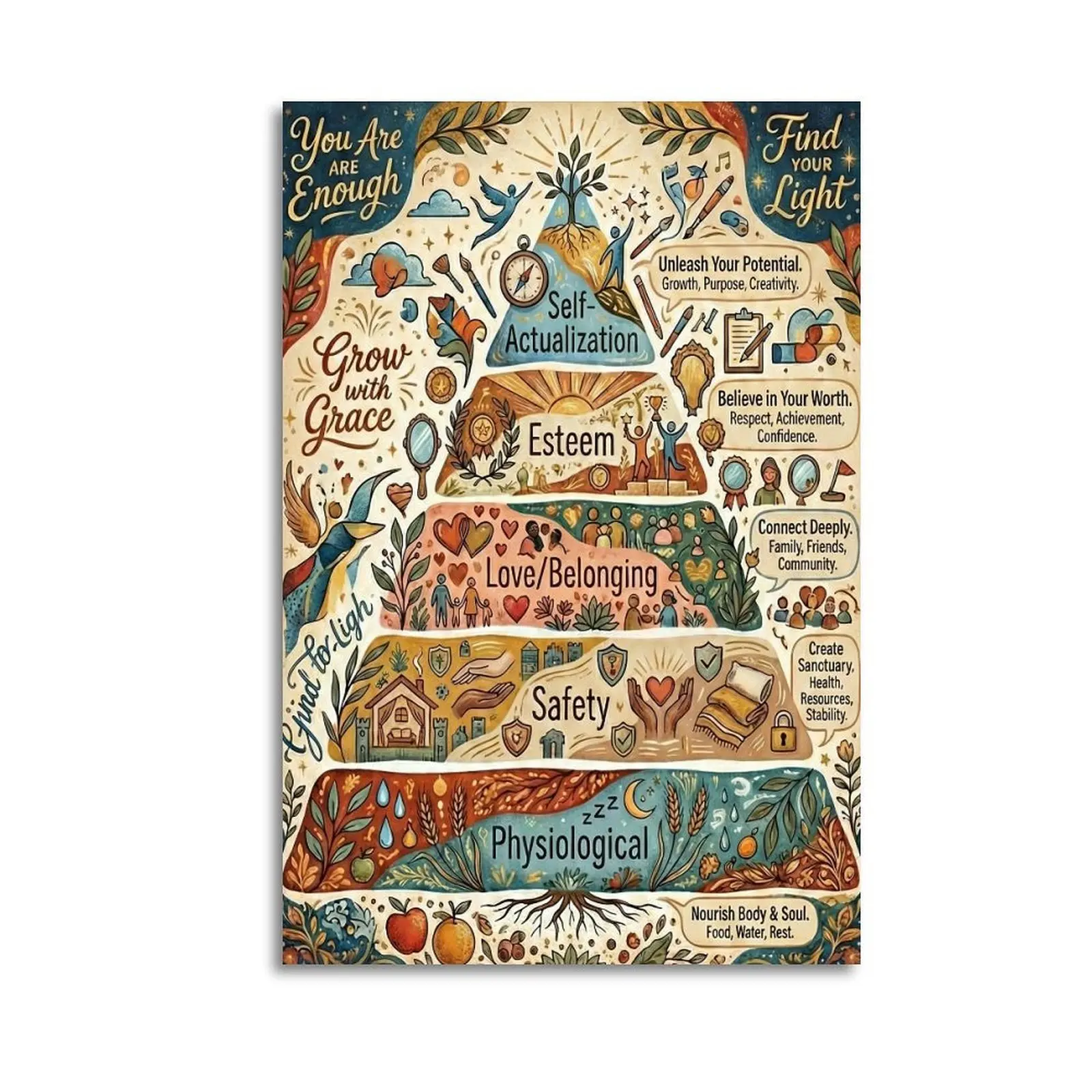 Maslow's Hierarchy of Needs Wall Art - Modern Bohemian Psychology Poster for Classroom Or Office, Educational Humanistic Theory Print, Warm Earth Tones DecorDecorative Posters.Art Prints.
