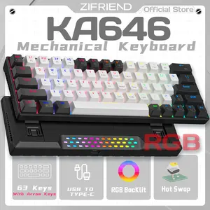 【With Arrow Keys】 ZIFRIEND KA646 63 Keys Mechanical Keyboard Wired 60% Layout Mini Gaming Keyboards ABS Keycaps RGB Backlight 3 Pin Switch Hot swappable Blue / Red Switch