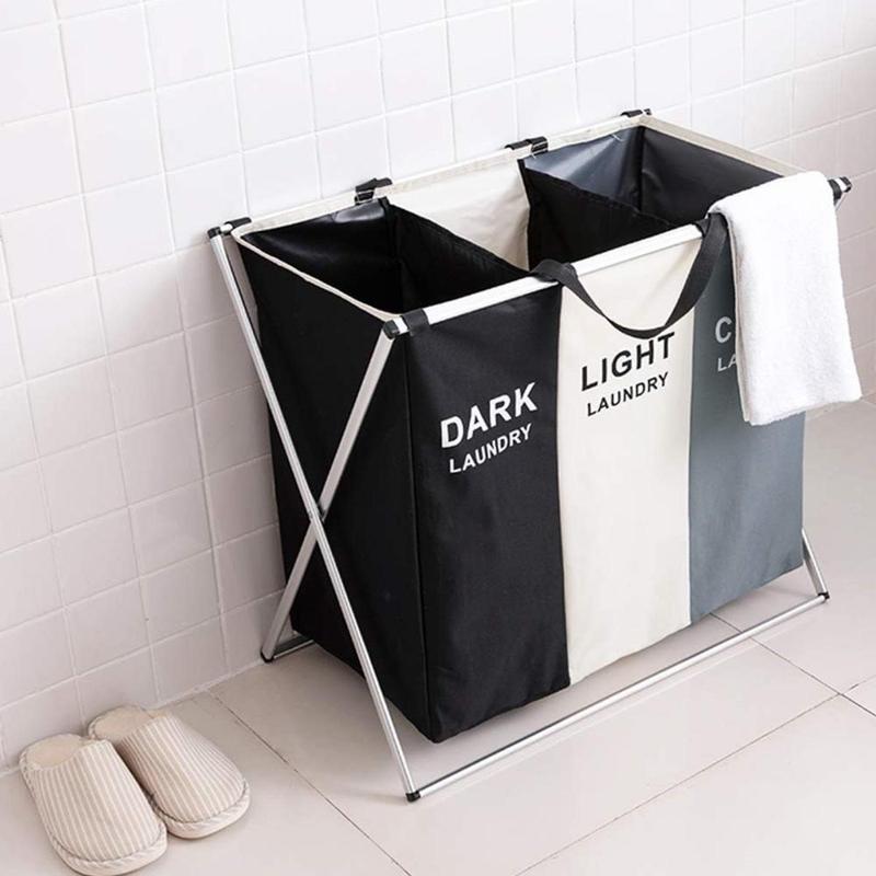 3-Section Laundry Sorter - Foldable Hamper with Waterproof Oxford Bags & Aluminum Frame - Dark/Light Color Printed Design - Space Saving for Home, Dorm, Apartment