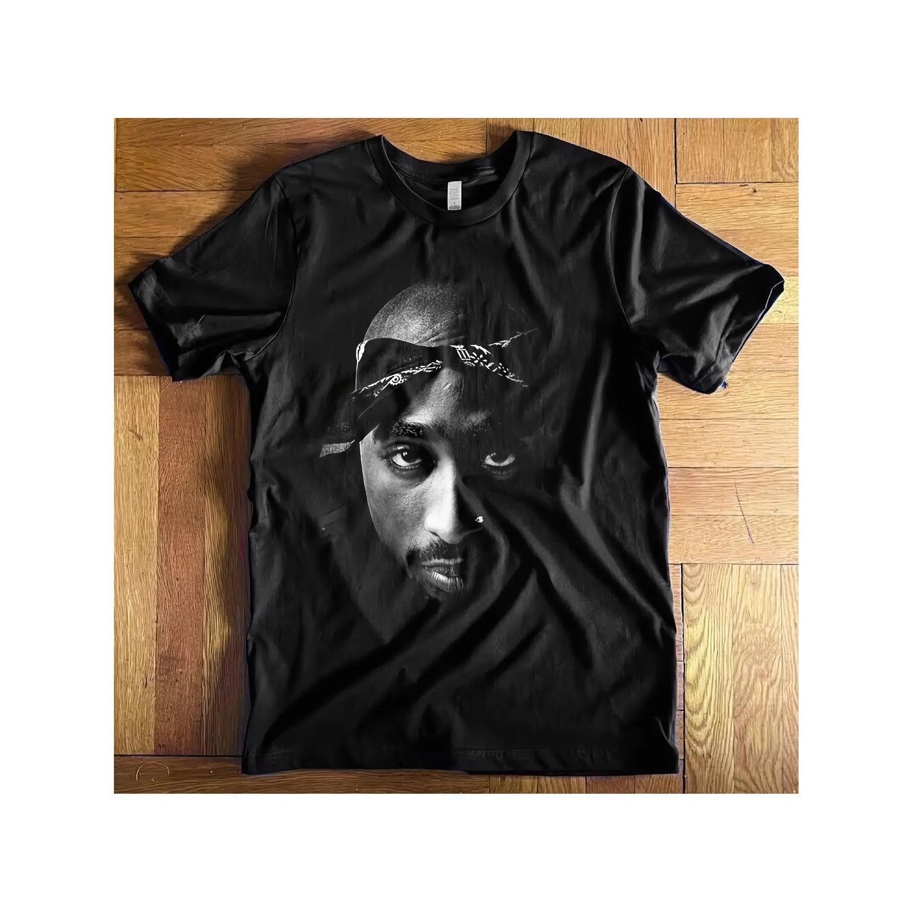 Tupac Graphic Print Cotton Short-Sleeve Round Neck Top - Black