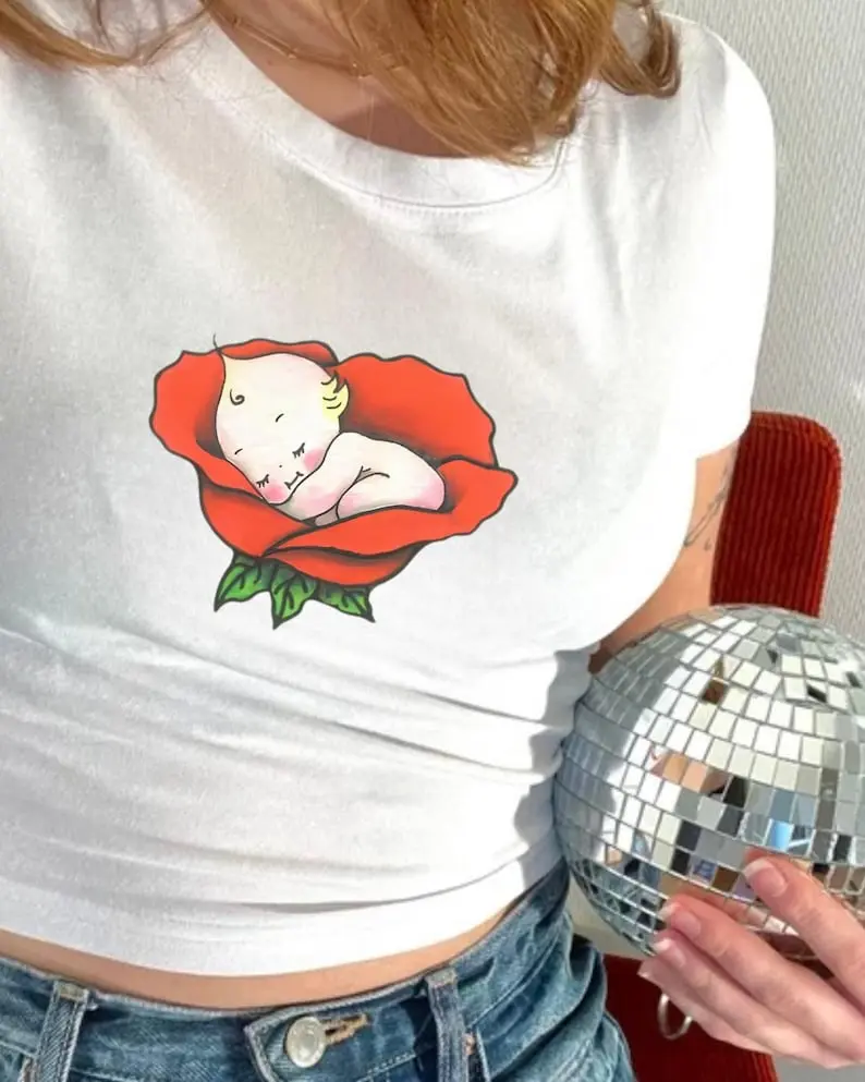 Rose Kewpie Y2k Baby Tee, Flower Vintage Retro Top, Trending 90s Tee, Preppy Coquette Shirt, Cute Aesthetic Women's Tee, Babydoll Clothing