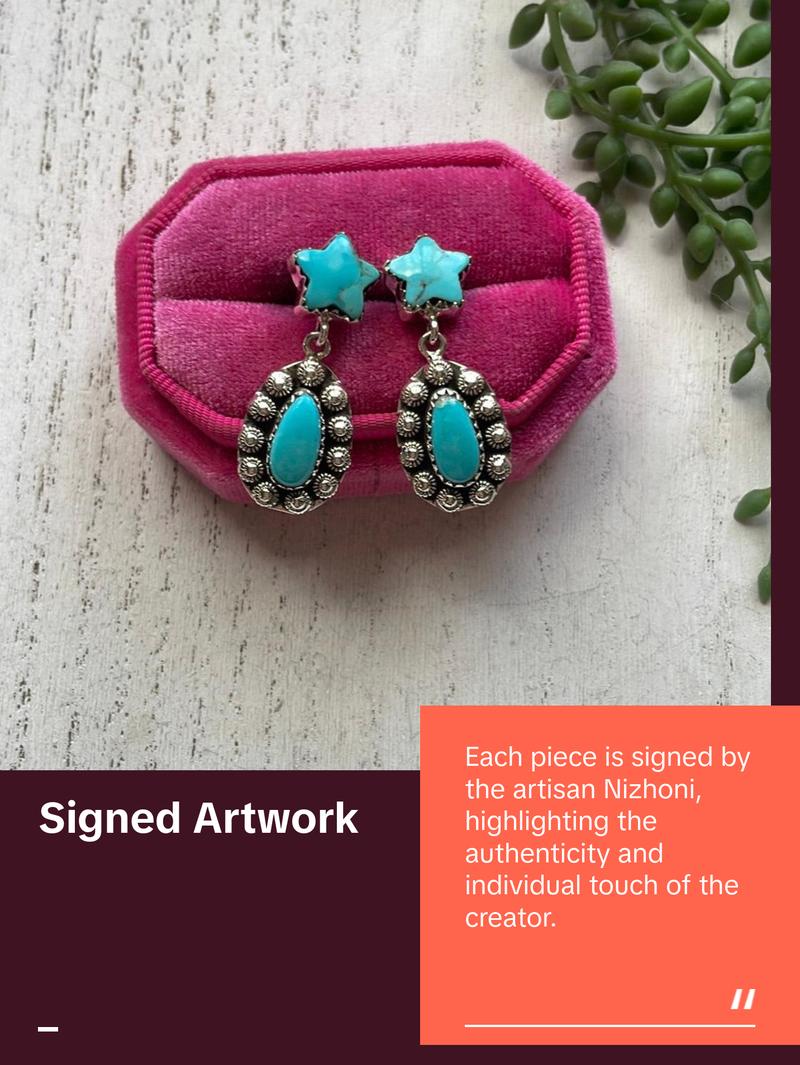 Handmade Star Sterling Silver & Turquoise Dangle Earrings Signed Nizhoni