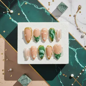 Emerald Glow Press On Nails Handmade Green Marble & Pearl Fake Nails Nail Handy Premium Materials Reusable XS S M L Sizes