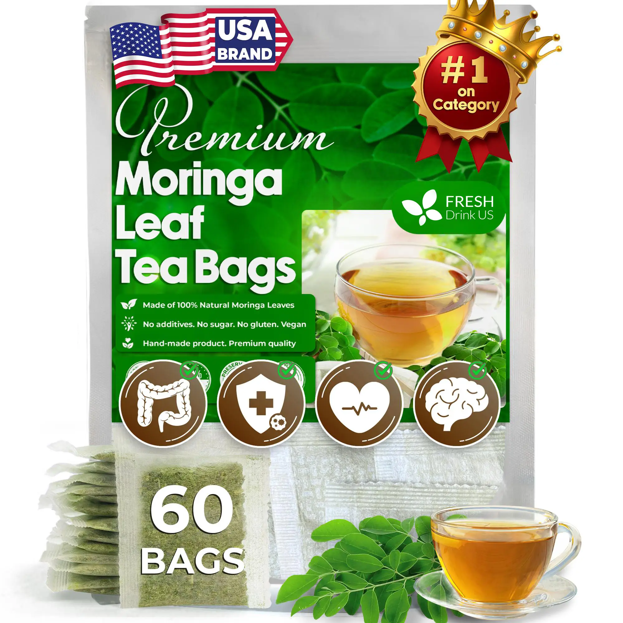 Moringa Leaf Tea Bags, 100% Natural & Pure from Moringa Leaves. Loose Leaf Moringa Herbal Tea. Moringa Leaf Tea. No Sugar, No Caffeine, No Gluten, Veg