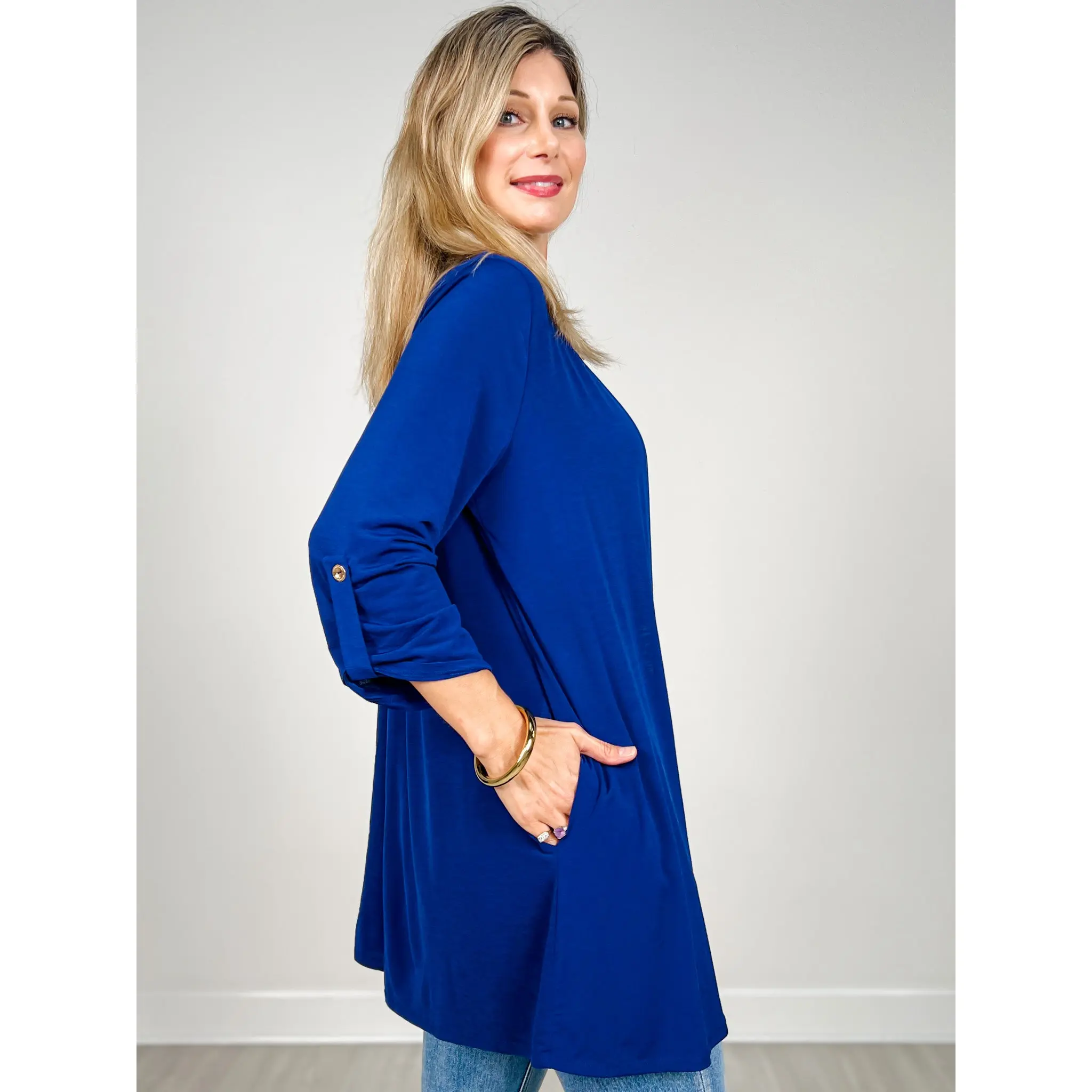 3/4 Sleeve Open Front Lightweight Cardigan in Navy