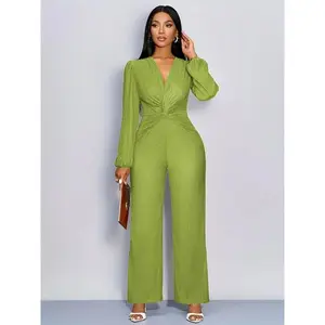 Elegant deep V-knot jumpsuit, waist tie design, lantern sleeve wide-leg pants, casual chic style, women’s fashion GARMENTARY