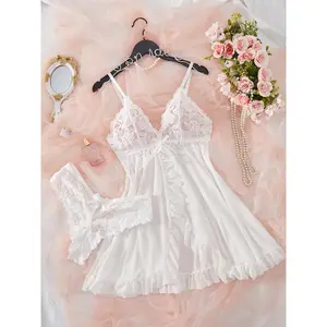 Transparent Lace Contrast Camisole Nightgown with Bow, Sexy Push-Up Design, Four-Season Home Wear Set Including Panties