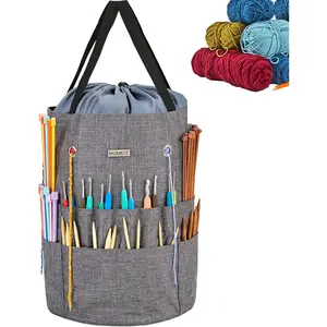 Large Crochet Bag with Customized Front Compartment for Knitting Accessories, Yarn Storage with 6 Oversized Grommets, Tote Organizer with Drawstring Closure, Gray