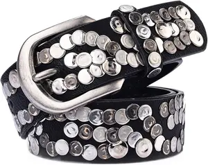 Women's Genuine Cowhide Leather Wide Rivet Strap Belt, Leather Raw Material Women's Belt (Black), Leather Raw Material Women's Belts