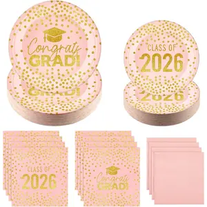 FoldTier 200 Pcs Graduation Plates and Napkins 2026, Pink and Gold Graduation Decorations, Class of 2026 Congrats Grad Paper Plates and Napkins for College High School Graduations Party, Serve 50