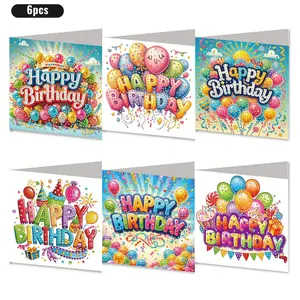 Birthday Diamond Painting Greeting Cards Set, DIY Water Drill Art Embellished Cards, Includes 6 Envelopes, Creative Mosaic Postcards, Fun Party Cards, 15x30cm