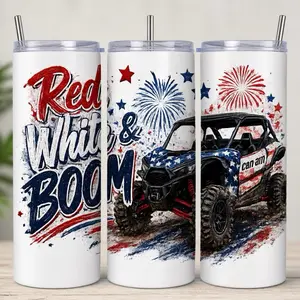 Red White & BOOM 20oz Skinny Tumbler | Patriotic Off Road Cup | ATV/UTV, 4th of July Tumbler | Stainless Steel Cup