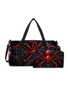 Red spider pattern printed travel duffle bag + makeup bag set Travel Cosmetic Bag