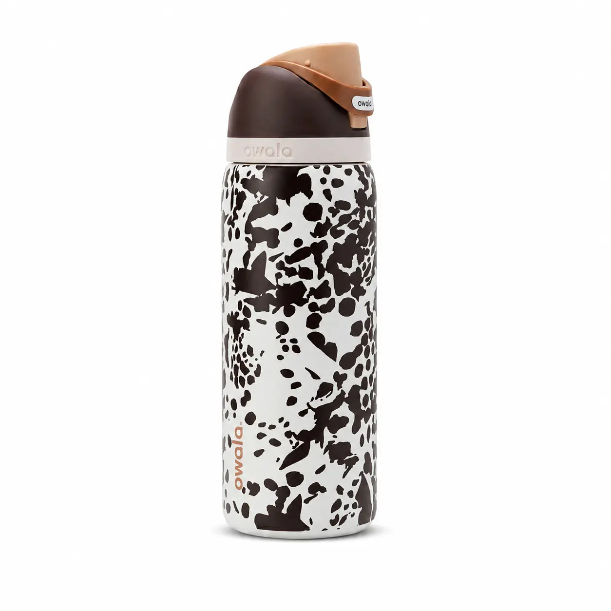 Owala FreeSip 32oz Insulated Stainless Steel Straw Tumbler - Aesthetic Stylish Western Brown Cow Print Bottle with Button, Loop for Women, Leak-Proof Travel Cup for Gym, Work, Cold Drinks, Coffee, Lemon, Lid