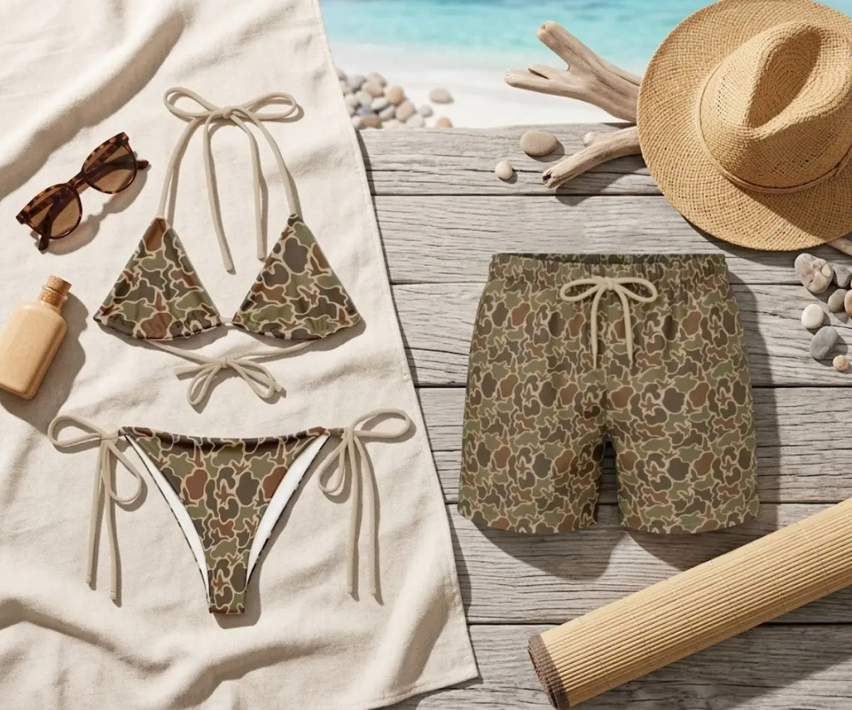 Matching Couple Swimwear Camo Print, His and Hers Camouflage Bathing Suit, Honeymoon Swimsuits, Camo Bikini and Men's Swim Trunks Set
