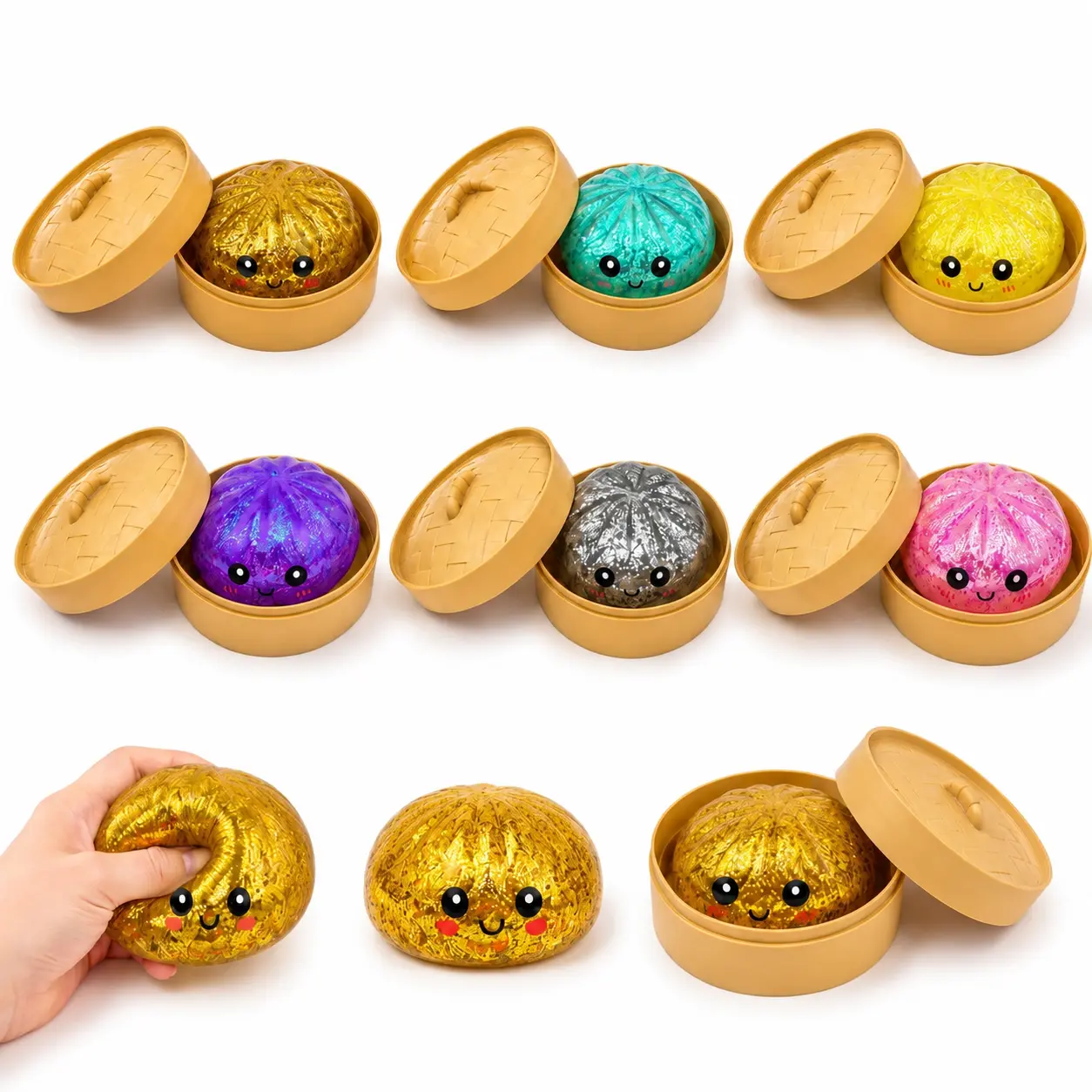 Dumpling Squishy Toy, 6 Color Glitter Dumpling Box, Colorful Steamed Bun Stress Relief Balls with Steamer Box, Anxiety Relief Fidget Sensory Toy, Soft Squeeze Decompression Dough for Adults Gifts, Party Favors, Office Desk Decor