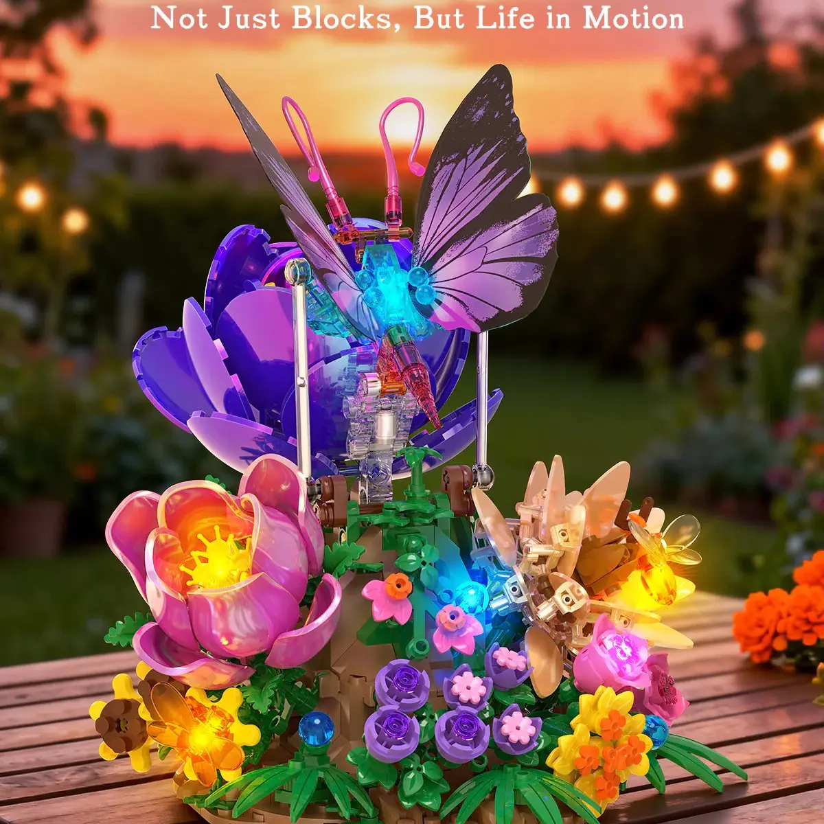 Butterfly Floral Building Blocks Set, Glowing Butterfly Wings, Home Decor Art, Perfect Gift for Women, Birthday, Valentine's Day, Mother's Day gift.