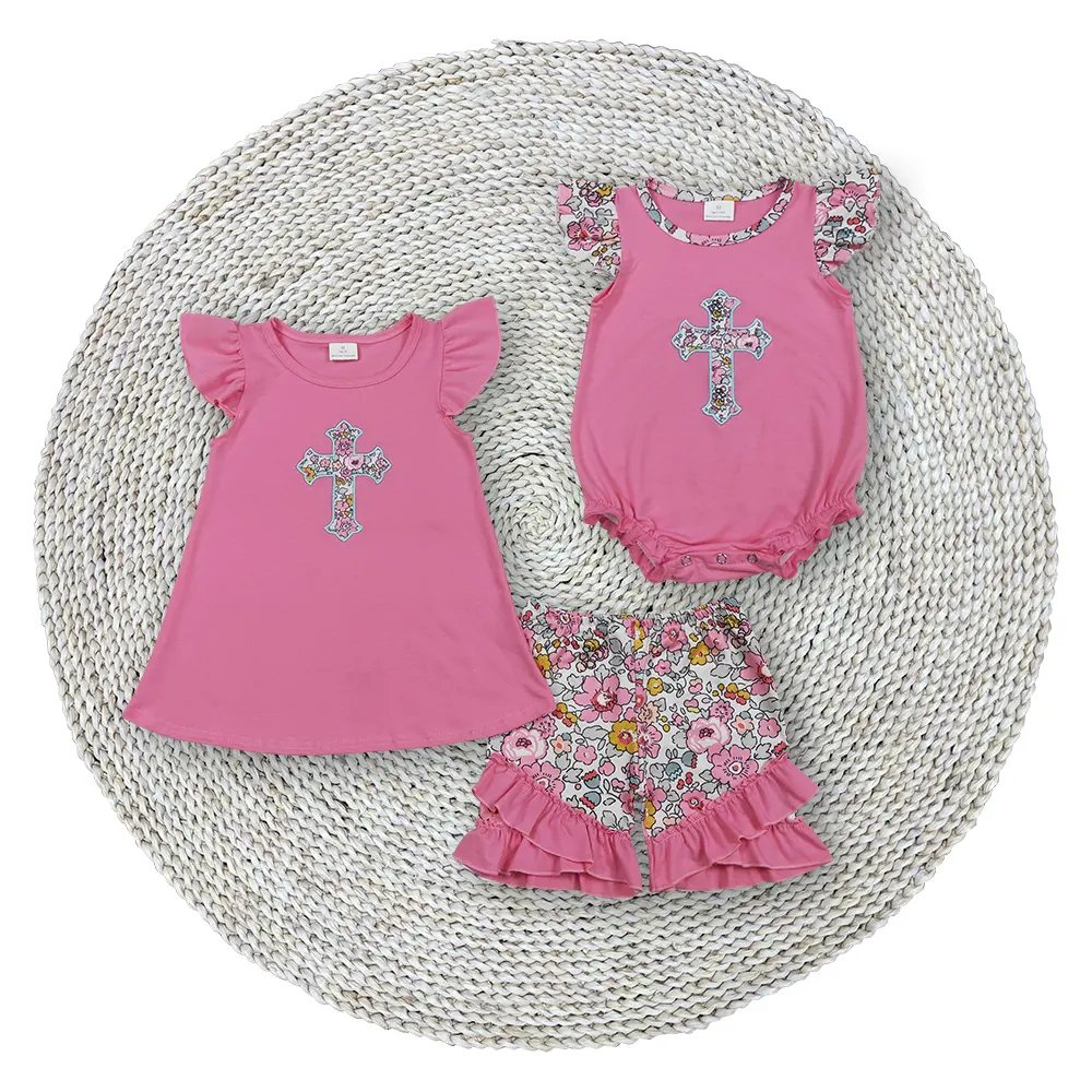 Baby Girls Easter Flutter Sleeve Cross Embroidery Tunic Top Ruffle Shorts Outfits Clothes Sets Sibling Rompers
