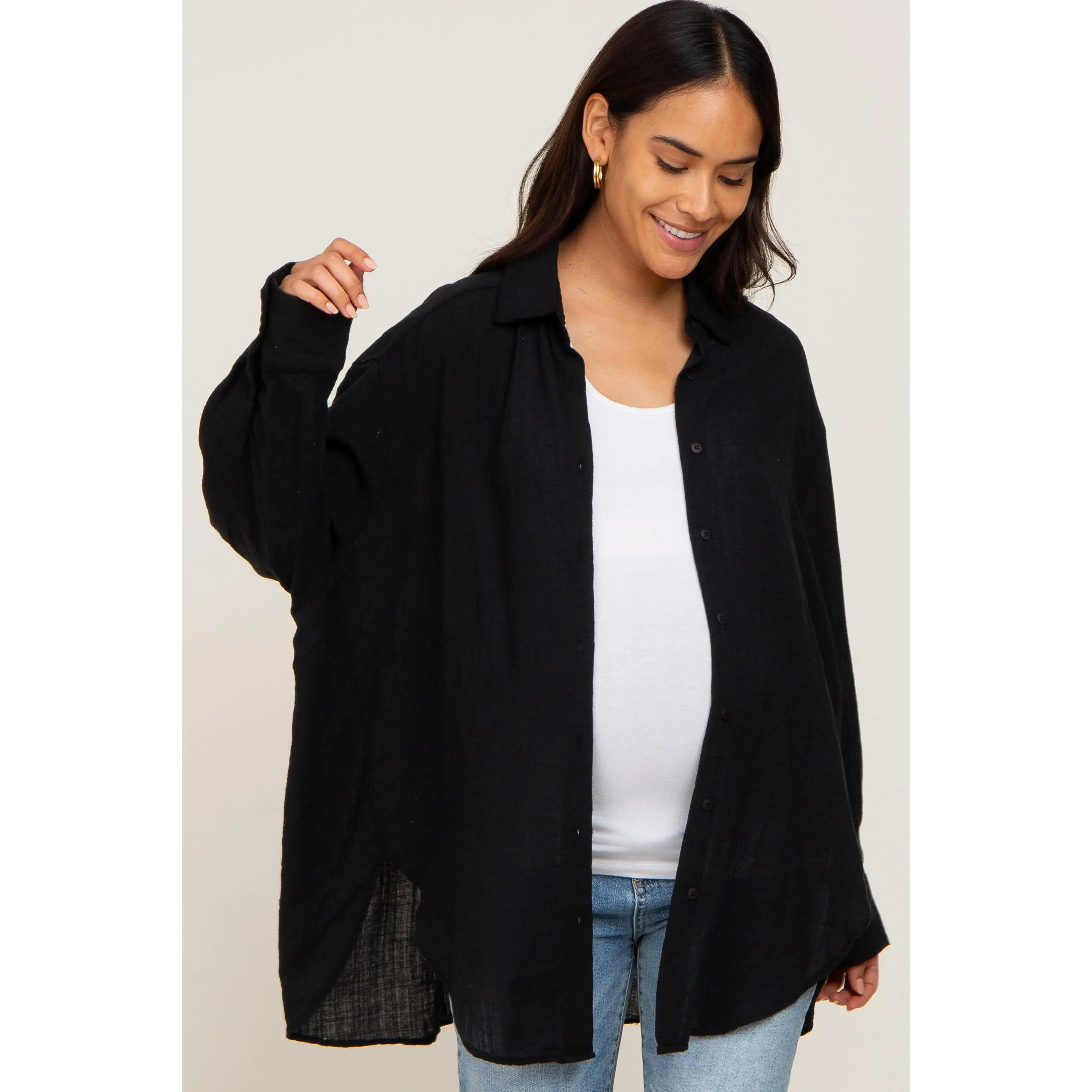 Women's Maternity Button-Down Blouse - Black, Lightweight Sheer Maternity Clothes