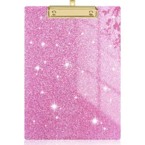 Acrylic Glitter Clipboard, Sparkly Board with Low Profile Gold Clip, for Classroom School and Office Use, A4 Letter Size 9 x 12.5 in, Pink