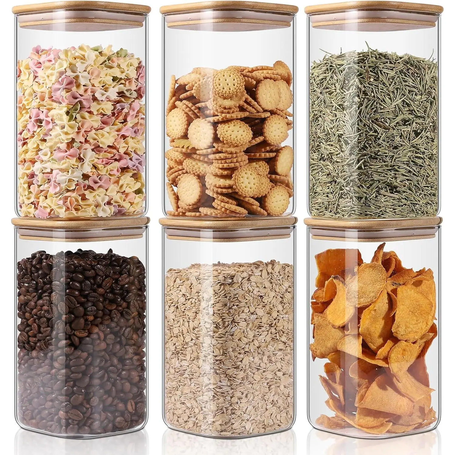 Glass Storage Jars 6 Pack -50oz (10cmx20cm)Clear Glass  Storage Containers with Airtight  Lid Stackable Kitchen Canisters for Candy,Cookie,Rice,Sugar,Flour,Pasta,Nuts and  Jars(Square)