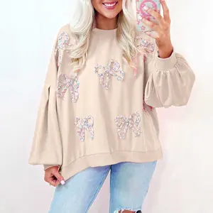 Parchment Embroidered Bow Lantern Sleeve Oversized Pullover Sweatshirt