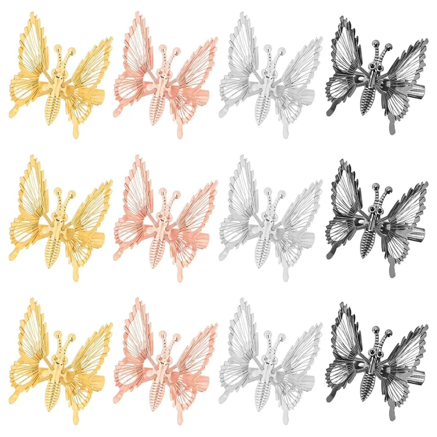 Women's Vintage 3D Moving Wings Winged Butterfly Clips - 12 PCS Sturdy Hold Metal Barrettes, Female Daily All Seasons Hair Accessories for Birthday, 90s Fashion in Gold, Silver, Black, 1 Extra Color, Gentle Motion, Winged Butterflies