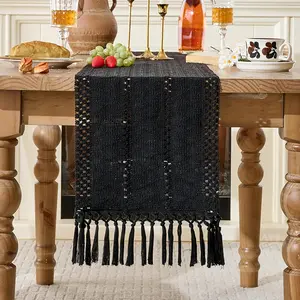 Boho with Tassels 90 Inches Long Black Soft Cotton Rustic Bohemian Dining Coffee for Restaurant TV Stand Fall Halloween Decoration