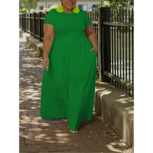 Elegant woman Plus Size Solid Short Sleeve Maxi Dress, Women's Plus Medium Stretch Elegant Long Dress