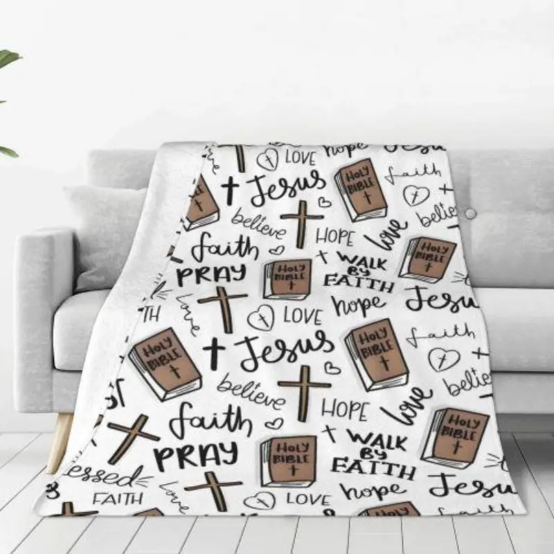 Christian Faith Jesus Cross Holy Bible Print Throw Blanket, Religious Hand Drawn Faith Hope Love Pray Blessed Quote Soft Flannel Blanket, Warm Comfort Snuggle Blanket For Sofa Bed, Inspirational Gift For Christian Women Church Members